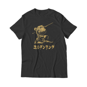 Professional screen printing of Lands Between Elden Warrior Japanese Grunge T-Shirt design on a Gildan Super Soft pre-shrunk cotton t-shirt