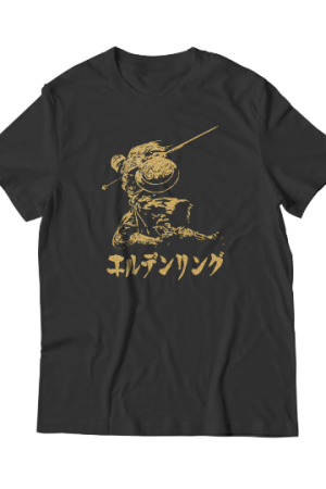 Professional screen printing of Lands Between Elden Warrior Japanese Grunge T-Shirt design on a Gildan Super Soft pre-shrunk cotton t-shirt